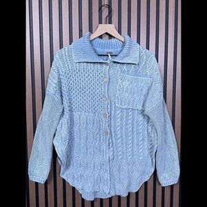 Free People Sweater XS Womens Blue Ribbed Collared Crotchet Knit Button Cardigan